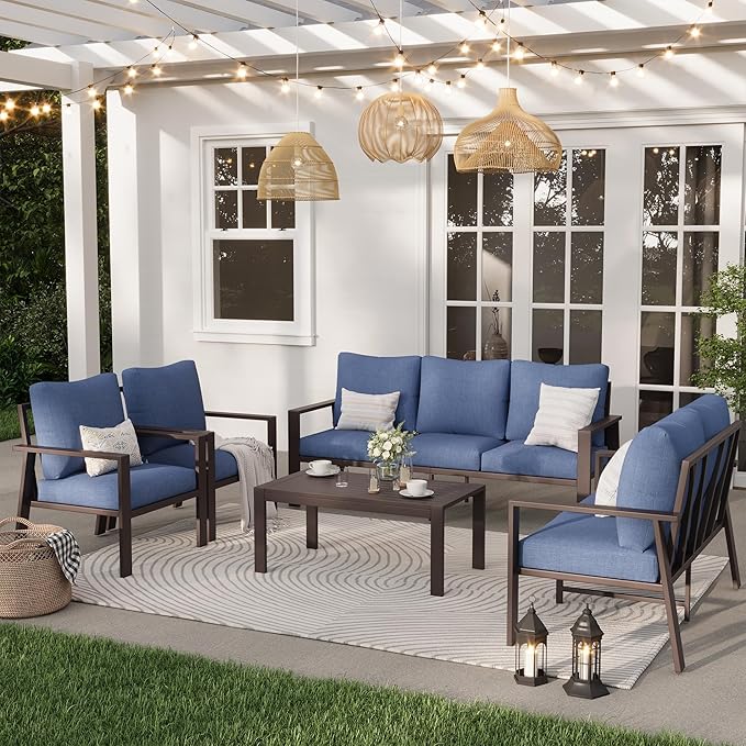 Aluminum Patio Conversation Set All-Weather Outdoor Furniture 5-Piece Sectional Sofa with 4" Cushions, Modular Patio Set for Porch Poolside Deck Yard