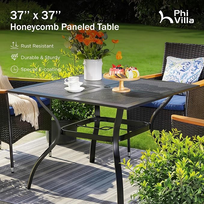 PHI VILLA 5 Pieces Outdoor Dining Set for 4, 37" Square Mesh-top Metal Table & Swivel Chairs with Cushions, Heavy-Duty Iron Furniture Set for Patio, Deck, Backyard, Porch