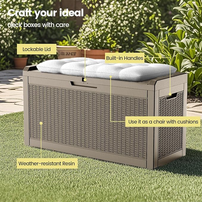 Zapdos Outdoor Storage Box, 60 Gallon Deck Box Indoor and Outdoor Use, Waterproof Resin Rattan Storage Bin for Package Storage Gardening Tools Patio Cushions, Lockable, Fade Resistant, Brown