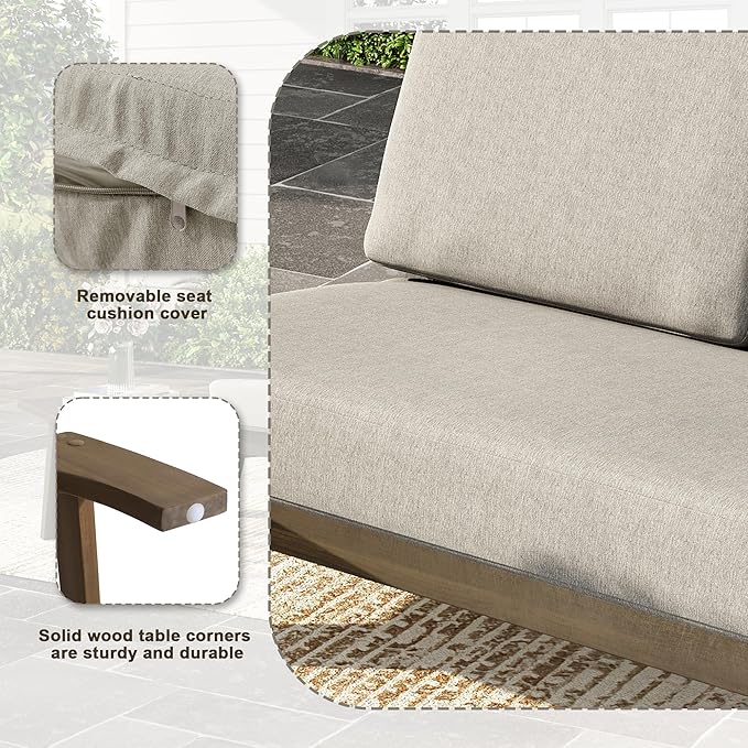 UIXE Wood Patio Furniture Sets, 3 Pieces All Weather Patio Loveseat Sofa Outdoor Sectional Futniture Backyard Conversation Set with Solid Wooden Coffee Table - Light Camel