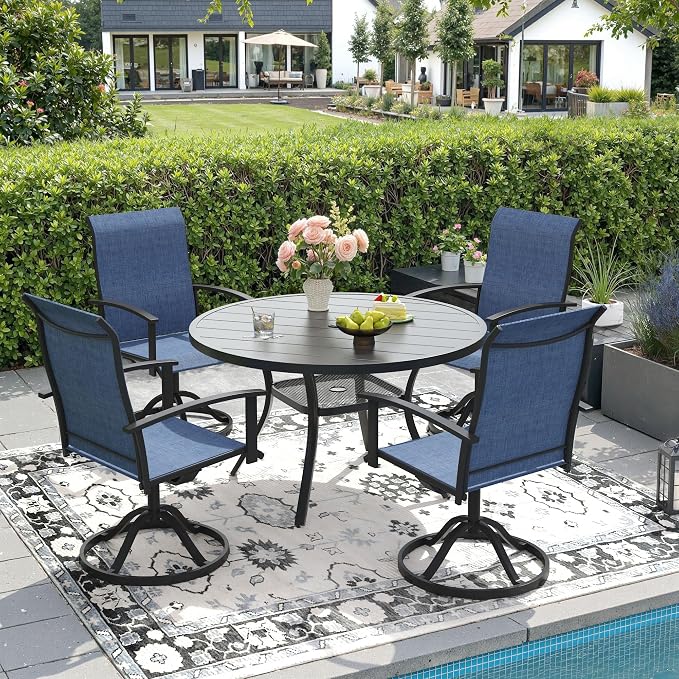DIFY 5 Pieces Outdoor Dining Set for 4, 40.6" Black Round Metal Table with Umbrella Hole and Blue Textilene Swivel Patio Chairs, Patio Table and Chairs Set for Garden, Backyard, Poolside