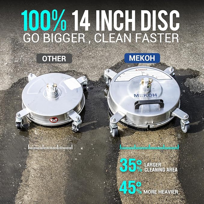 MEKOH 14" Pressure Washer Surface Cleaner 4500PSI, 4 Wheels Stainless Steel Power Washer Attachment for Driveway Sidewalk Patio Concrete, 1/4'' Quick-Connect, 1 Extension Wand & 2 Replacement Nozzles