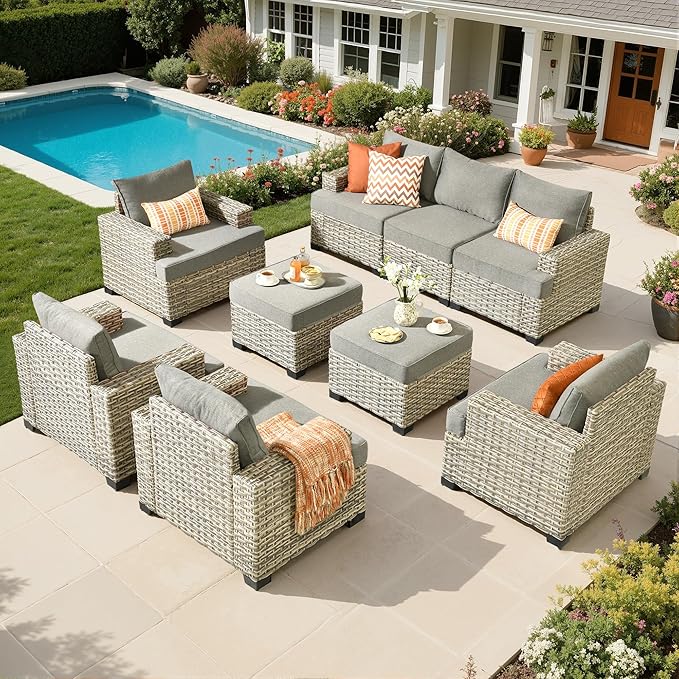 Outdoor Sectional Patio Furniture Set,9 Pieces All Weather Rattan Wicker Conversation Sets,Out Door Furniture with Ottoman Single Chair,Dark Grey