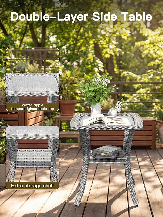 6-Piece Patio Furniture Set, Outdoor Swivel Rocking Chairs with 4" Thick Cushions & Side Table, All-Weather PE Rattan & Rust-Resistant Steel Frame Conversation Set for Porch, Garden, Backyard, Grey