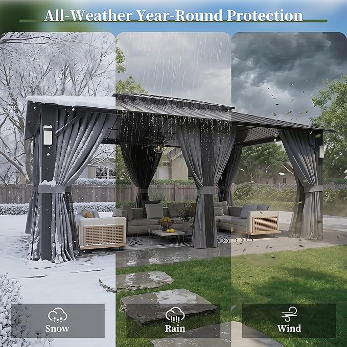 Aoxun 16'x12' Hardtop Gazebo with 4 LED Lights, Outdoor Gazebo with Galvanized Steel Double Roof, Patio Gazebo with Breathable Netting & Privacy Curtain, Decor Hooks for Backyard, Gray