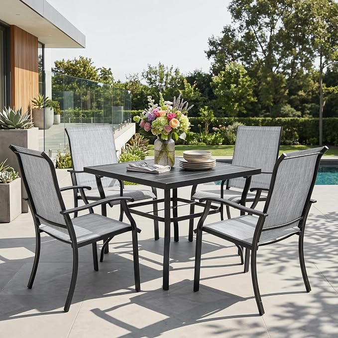 NUU GARDEN 5-Piece Patio Dining Set with Umbrella Hole, All Weather Outdoor Dining Set with 4 Textilene Chairs, 1 Square Table, Patio Table and Chair Set for Backyard Garden Poolside, Gray and Black