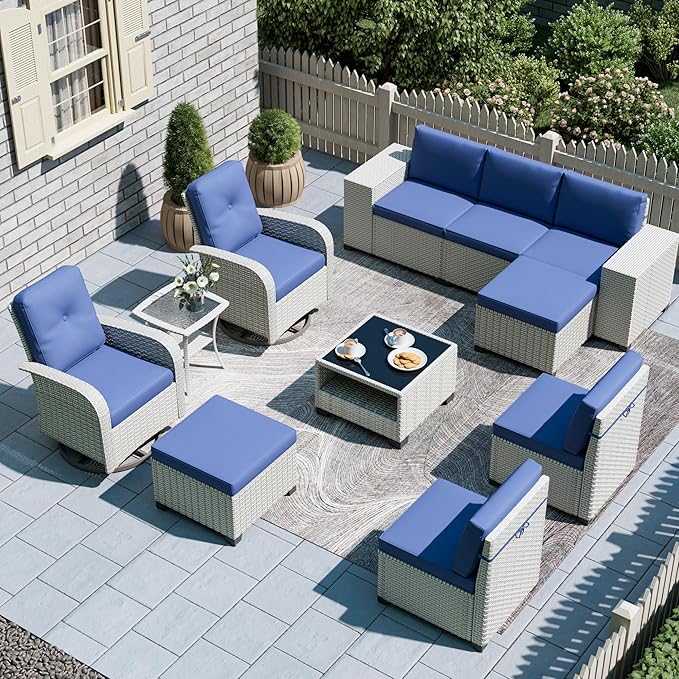 11-Piece Outdoor Patio Furniture Set, Modular Sectional Sofa Set with Swivel Rocker Chairs & Ottomans, Wicker Outdoor Couch Conversation Sets w/Coffee Table and Cushions, Blue