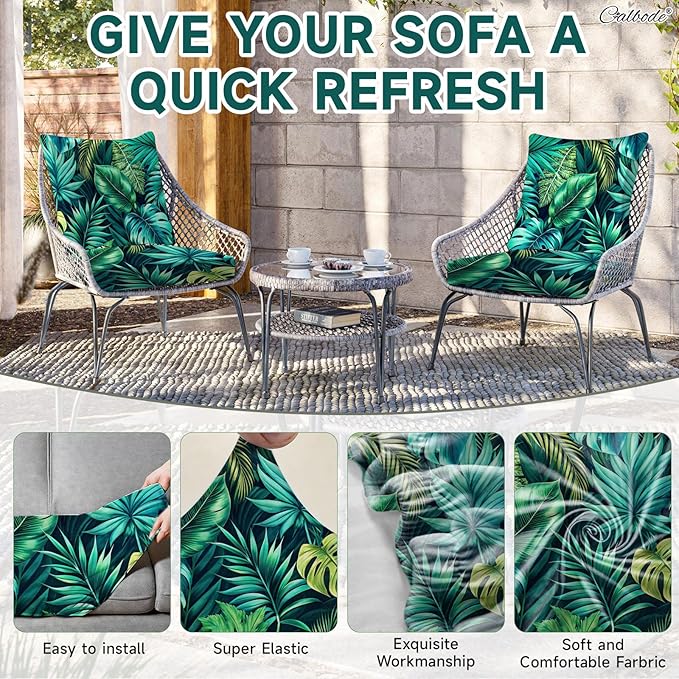 CALBODE 12 Pcs Stretch Outdoor Seat Cushion Covers, Washable Chair Seat Cover for Patio Furniture Cushions Soft Indoor and Outdoor Couch Cover Replacement (Green Tropical Leaves, Cover Only)