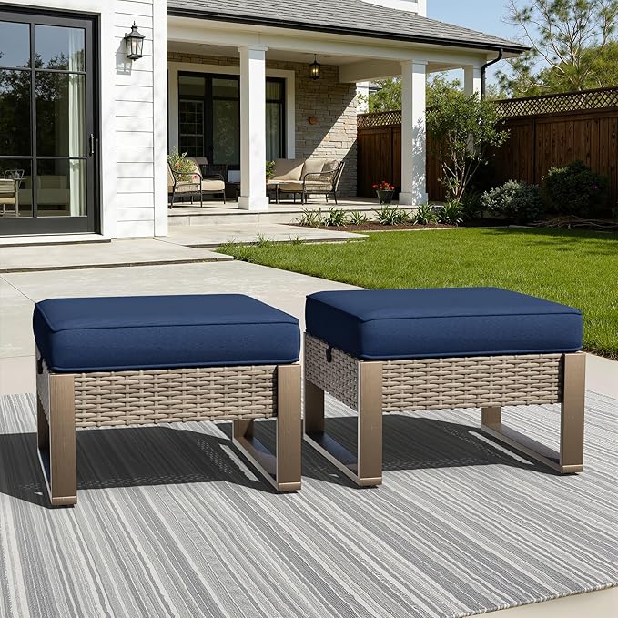 Patio Metal Wicker Ottoman Set of 2, Outdoor PE Rattan Footstools with Removable Cushions & Wood-Looking Metal Steel Framed Legs for Garden Backyard Porch Deck, Dark Blue