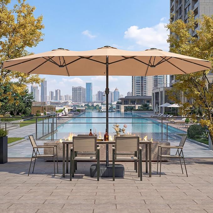 EO Living 15ft Large Patio Umbrella, Double-Sided Rectangle Outdoor Umbrella with Base Included, Table Umbrella for Poolside Deck Market (Beige)