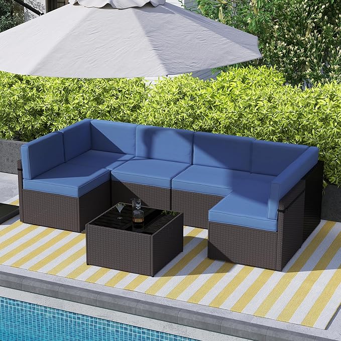 kinbor 7-Piece Outdoor Sectional Patio Furniture Set, Brown PE Wicker Outdoor Couch with Thick Cushions, Luxury Patio Set for Backyard, Poolside, Porch, Navy Blue