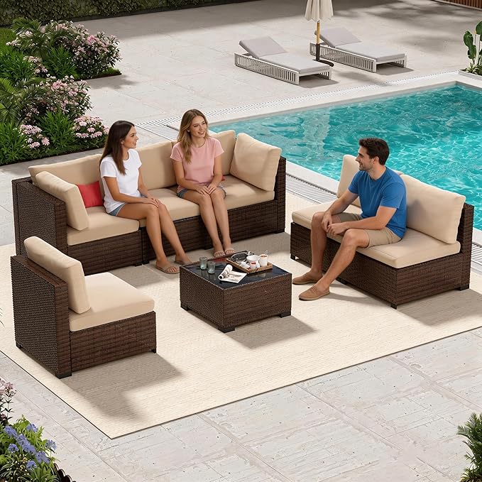 LHBcraft 7 Piece Patio Outdoor Furniture Set, Outdoor Sectional, All-Weather Manual Weaving PE Rattan Wicker Patio Sectional Sofa, Rattan Outside Furniture with Beige Cushion and Glass Table