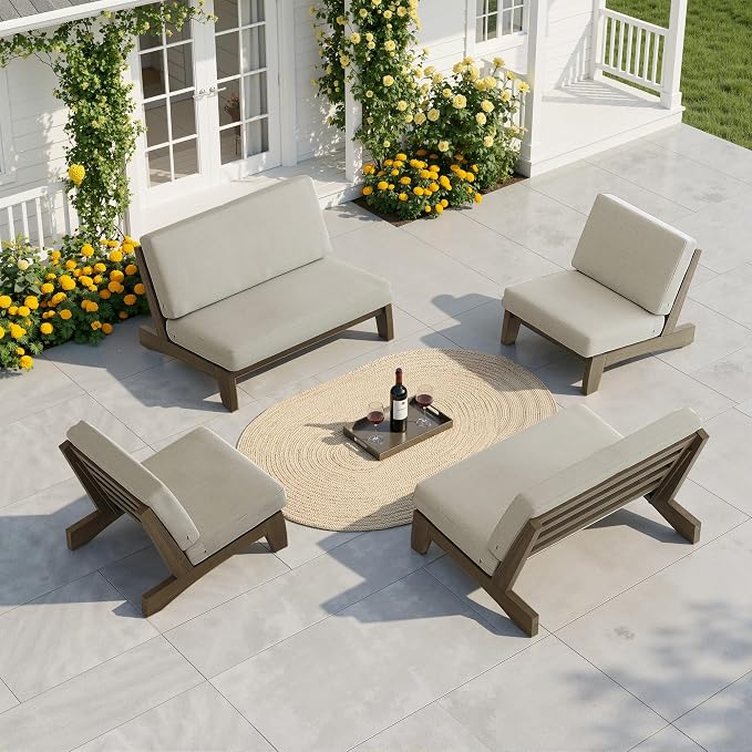 Pia Ricoo 4 Piece Patio Furniture Sets, Outdoor Furniture with 2 Chairs & Coffee Table, Patio Conversation Set for Backyard, Deck, Lawn, Light Camel