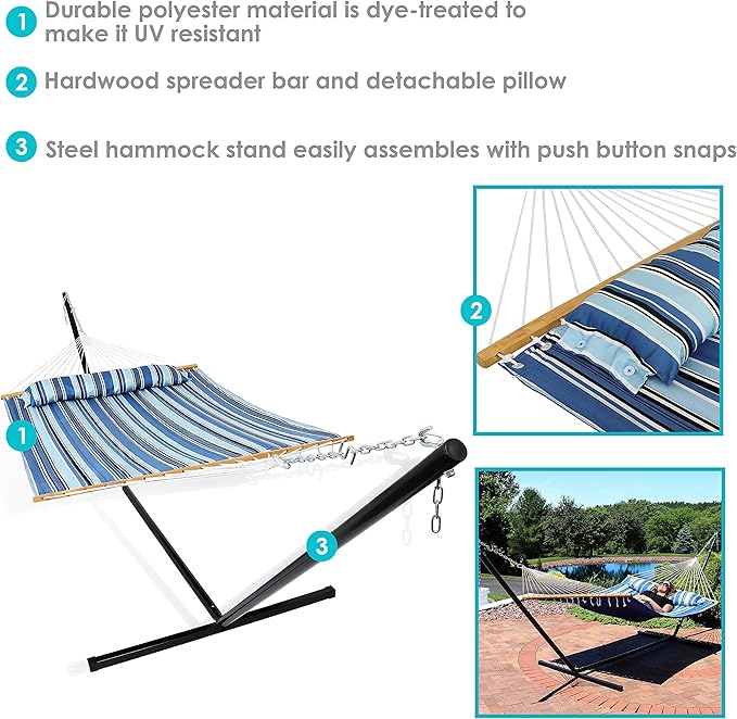 Sunnydaze Quilted Double Hammock with Stand for Outside - 400-Pound Capacity 2-Person Hammock with Stand - 15-Foot Stand - Misty Beach