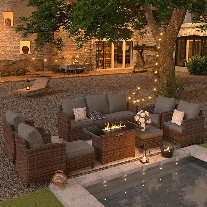 UDPATIO Patio Furniture Set with 44" Fire Pit Table, 8 Pieces Outdoor Sectional Conversation Sets, All-Weather Wicker Rattan Sofa Ottoman with 4" Thick Cushion for Garden Backyard Deck, Dark Grey