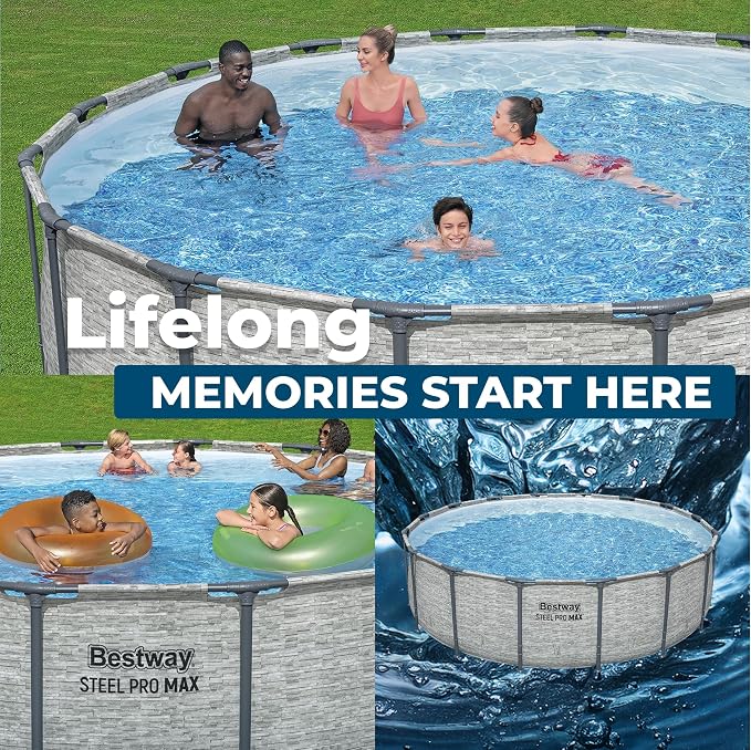 Bestway Steel Pro MAX Above Ground Swimming Pool Set (16' x 48") | Round Outdoor Backyard Family Pool Features Realistic Stone Pool Liner | Includes 1500gal Filter Pump, 48" Ladder and 16' Pool Cover