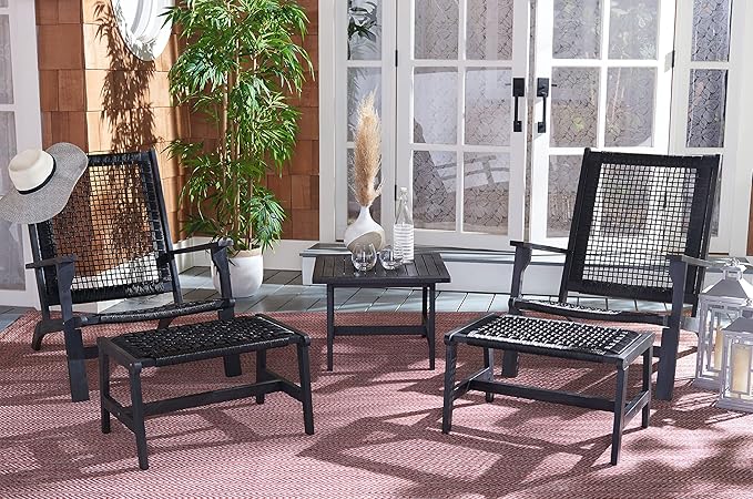 SAFAVIEH Outdoor Collection Chantelle Acacia Wood Woven Rattan 5-Piece Patio Set PAT7076C, Black/Black