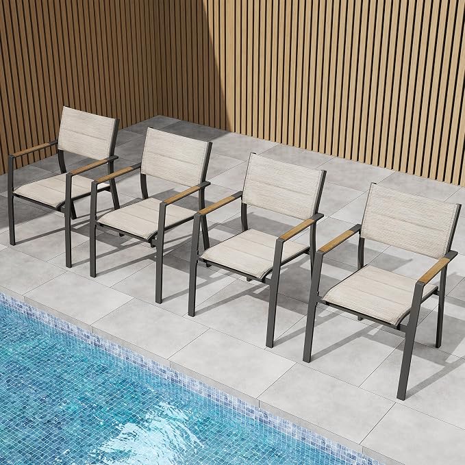 Outdoor Patio Dining Chairs Set of 4, Light Weight Aluminum Frame with Textilene Fabric & Wood-like Armrest, 275 LBS Capacity, Outdoor Stackable Chairs for Poolside Lawn Garden, Brown Armrest
