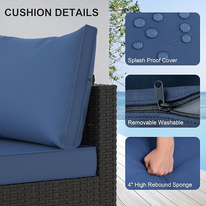 Patio Furniture Set, 5PCS Patio Sectional with Ottoman Wicker Rattan Outdoor Furniture with Thickened Cushion Modular Wicker Patio Conversation Set with Glass Top Table for Balcony, Backyard (Blue)