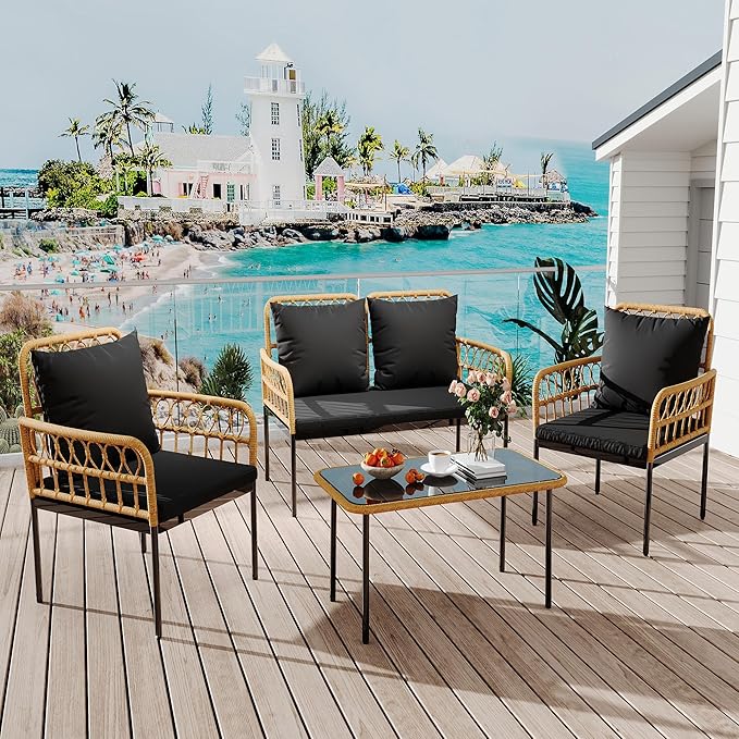 4 Pieces Outdoor Patio Furniture Set with Table - Rattan Balcony Furniture for Porch or Deck, Includes Chaise Lounge, 2 Armchairs with Cushions and Pillows for Porch Backyard Lawn Poolside Deck, Black