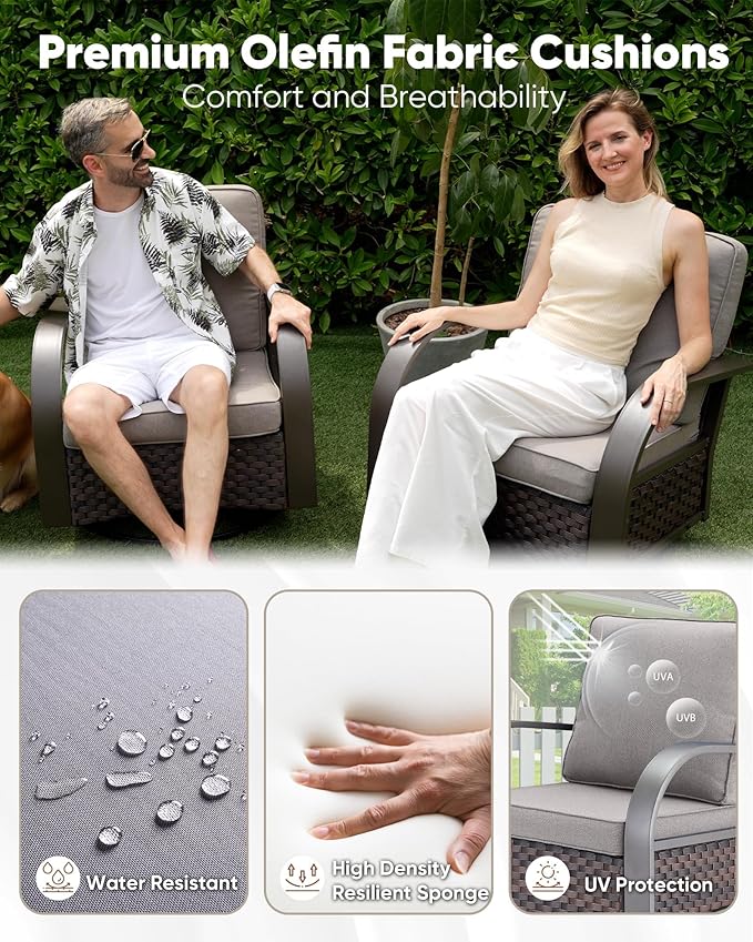 HUMMUH Outdoor Furniture with Fire Pit -Patio Table and Chairs Set of 4 Swivel Patio Chairs for Deck Porch Garden Poolside Backyard-Brown/Grey