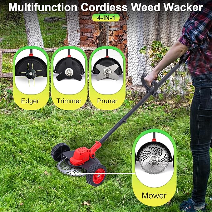 Electric Weed Wacker Cordless Weed Eater Battery Powered, 21V Stringless Grass Trimmer/Edger/Brush Cutter/Lawn Mower, 2 Battery with Wheel & Blades for Yard Garden