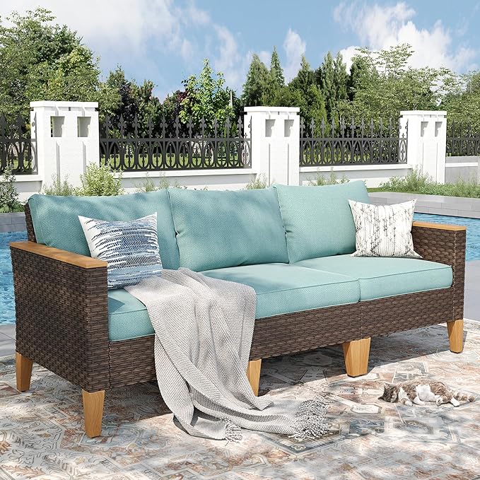 PHI VILLA Wicker Patio Furniture Sofa Set, 3 Seater Rattan Couch with Deep Seating for Poolside, Garden 2 x Single Sofa, Aqua Green