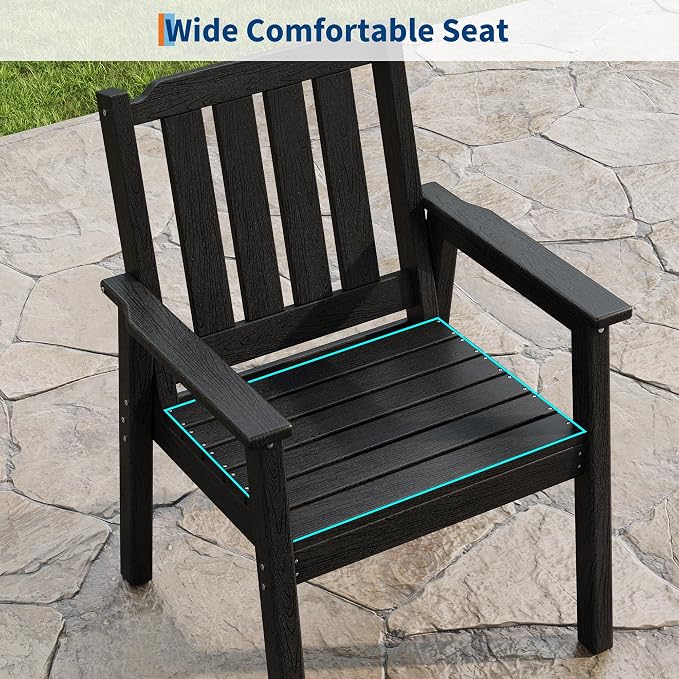 Takywep 23.9” Wide HDPE Patio Dining Chairs Set of 2, 650LBS Capacity All-Weather Yard Armchair with Slatted Seat, Heavy Duty Modern Backyard Furniture for Garden, Poolside, Deck, Black