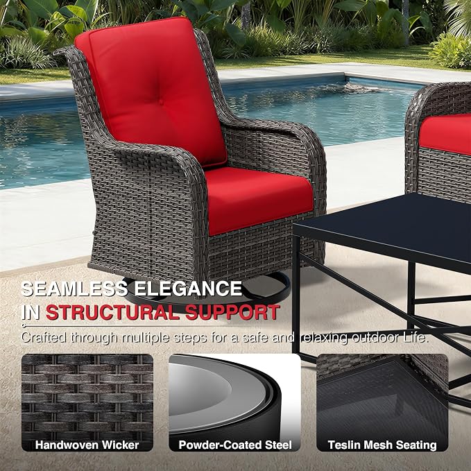 Joyside 6 Piece Wicker Patio Furniture Set, Outdoor Swivel Rocker Patio Chairs with High Back, Deep Seating, Wide Armrest, Thickened Cushions, Outdoor Furniture for Deck, Porch Use