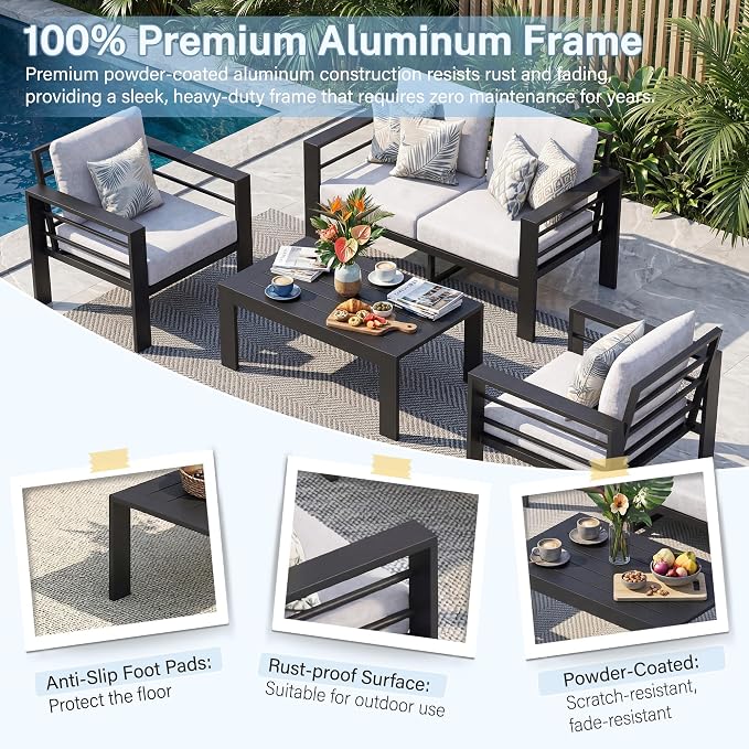 Aluminum Patio Furniture Set, 4 PCS Metal Oversized Outdoor Furniture Set Washable Thick Cushions, 4 Seat Patio Conversation Set with 3.54” Wide armrest and Coffee Table for Patio, Garden