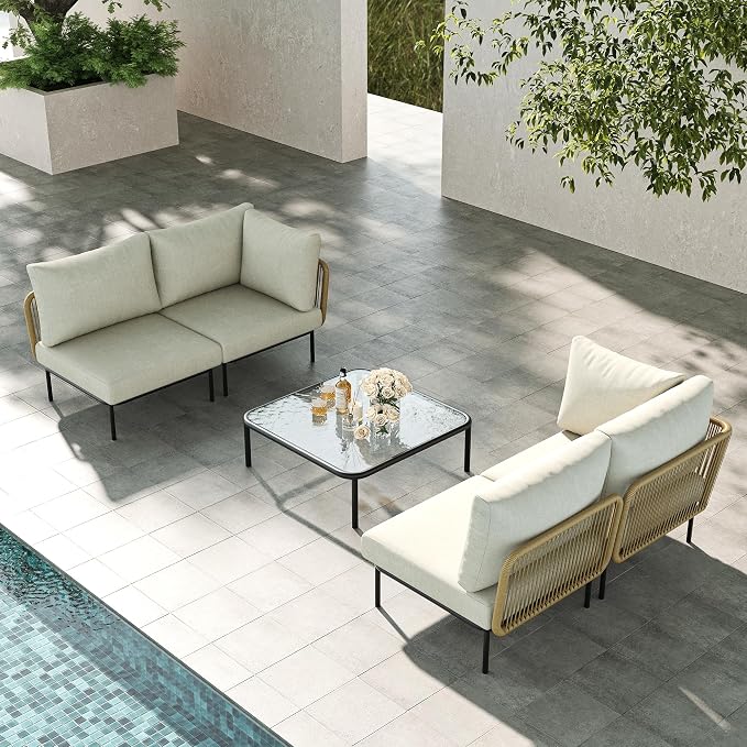 LayinSun 5 Pieces Aluminum Patio Furniture Set, Modern Modular Sectional Sofa with Coffee Table and Upgrade Thickness Cushion