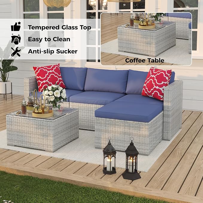 5 Piece Outdoor Patio Furniture Set, Rattan Deck Conversation Sofa Set with Non-Slip Cushions, All-Weather Sectional Sofa with Glass Storage Table and Balcony Footstool, Poolside, Garden, Gray+Blue