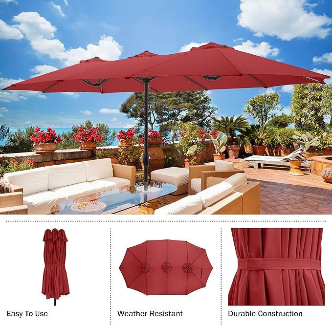 Extra Large Outdoor Umbrella - 15 Ft Double Patio Shade with Easy Hand Crank for Outdoor Furniture, Deck, Backyard, or Pool by Pure Garden (Red)