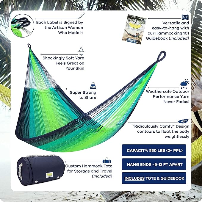 Handwoven Classic Double Hammock and Tree Strap Bundle: Shareable, Weathersafe Hammocks, Yellow Leaf Hammocks - “St. Lucia” Hammock, Fits 1-2 People (400 lbs) + Go Anywhere Hammock Straps - Extra Long