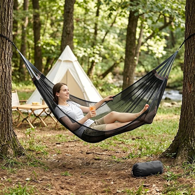 Camping Hammock Lightweight Portable, Anti-roll Breathable Mesh Outdoor Hammock with Tree Straps & Carry Bag, Black (102.36x51.18in)