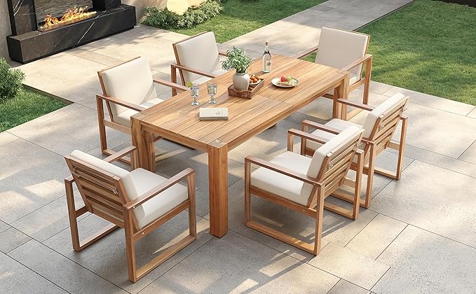 Merax Patio Table and Chairs Set, Outdoor Dining Set for 6 with Umbrella Hole, 7 Piece Outdoor Patio Furniture Set Wood Frame with Removable Cushion for Garden, Backyard, Lawn, and Poolside