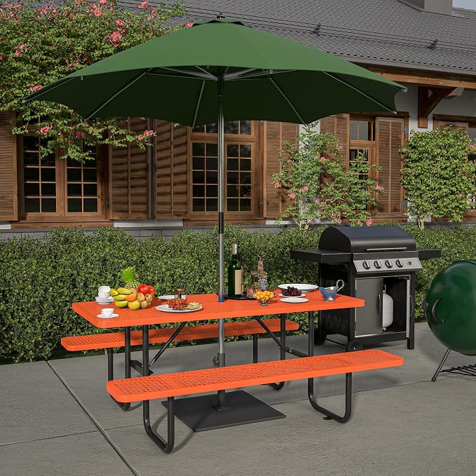 Coated Steel Heavy Duty Picnic Table for Outdoors 2200 lbs Load, Rectangular Camping Table with 1.78" Umbrella Hole, Commercial Picnic Table with Benches, Orange