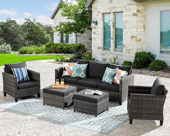 HOOOWOOO Patio Conversation Sets,5 Piece Wicker Outdoor Furniture Set with Ottoman,All Weather Resistant Modern Outside Out Door Rattan Couch Chairs Set,Black