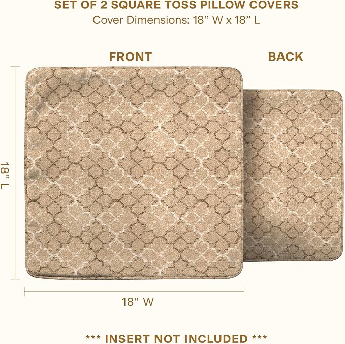 Honeycomb Outdoor Square Toss Pillow Covers, 18 x 18, 2-Pack | Courtyard Geo Almond Slipcovers, Water & Fade Resistant for Patio Furniture Set, Cover Only, No Insert