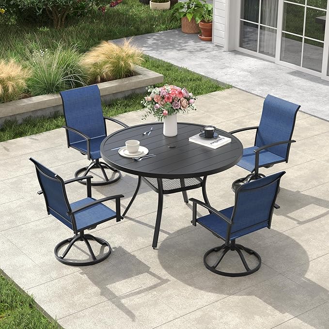 VICLLAX Outdoor Table and Chairs Set for 4, Patio Dining Set of 40.7" Metal Round Patio Table with Umbrella Hole & 4 Swivel Outdoor Dining Chairs for Backyard Lawn, Dark Blue & Black