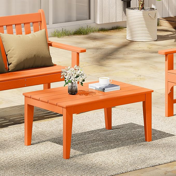 Costaelm Adirondack Outdoor Coffee Table, HDPE Drink Table Weather Resistant, Patio Porch Accent Balcony Table Outdoor End Table for Pool, Seaside, Backyard, Orange