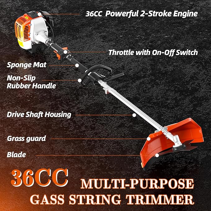 Weed Eater Gas Powered 36cc 3 in 1 Gas Weed Wacker Gas Brush Cutter, 2-Cycle Gas String Trimmers for Weeds and Grass, Orange