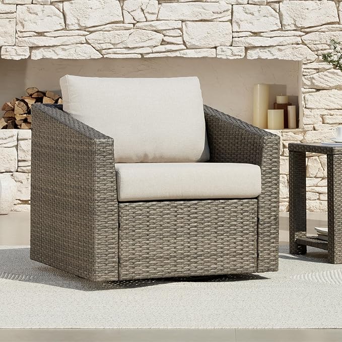 CHITA Patio Wicker Chair, 360° Swivel Outdoor Rattan Chair with Thickened Cushions for Backyard, Poolside, Garden or Porch, Beige Cushions with Grey Wicker