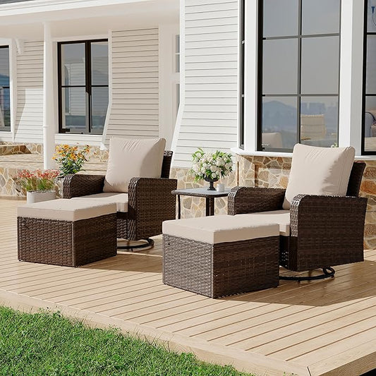 HOMREST 5 Piece Outdoor Patio Furniture Set-Wicker Swivel Chairs Set of 2 with 2 Ottoman, Coffee Table & Cushions Small Patio Furniture Set for Garden, Balcony (Khaki)