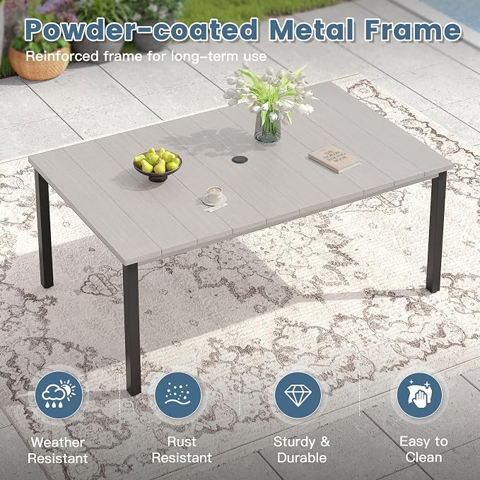 DIFY 7 Piece Outdoor Patio Dining Set for 6, 63" Grey Wood-Like Rectangle Metal Dining Table and Swivel Patio Chairs with Grey Padded Textilene, All-Weather Outdoor Furniture Set for Garden Backyard