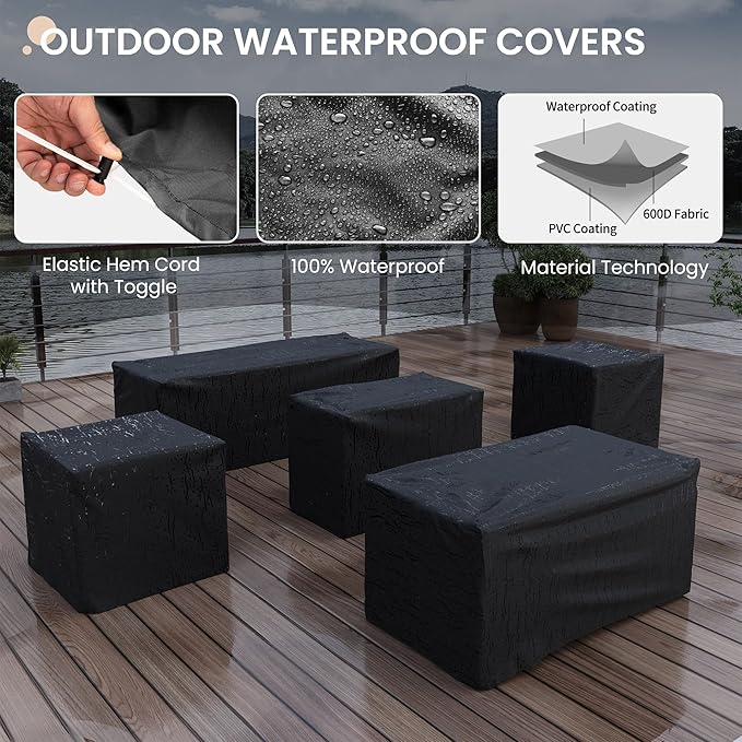 Patio Furniture Set with Fire Pit Table, 5 Pieces Outdoor Furniture Sets, Wicker Patio Conversation Sets w/Waterproof Covers for Backyard, Porch, Balcony, Poolside(Navy Blue)