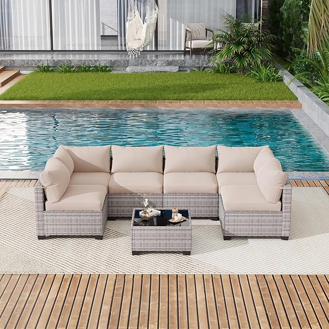 7 Piece Outdoor Patio Furniture Set, Rattan Chairs Glass Table Wicker Conversation Seating Sectional Sofa with Cushions (Grey White-Beige, 7Pcs-Straight Back)