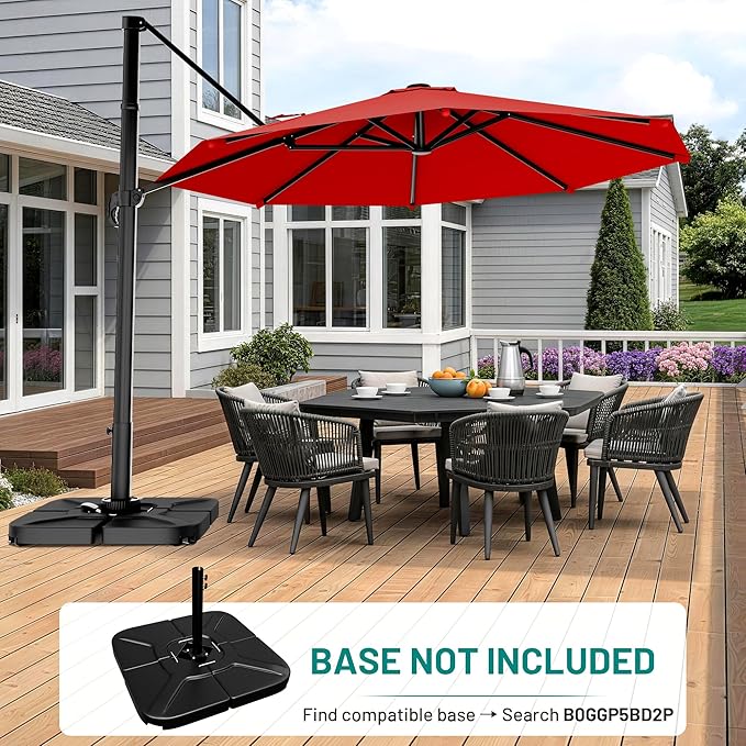 AreShark 10FT Cantilever Patio Umbrella, 360-Degree Rotation Round Hanging Offset Umbrella with Crank, Heavy Duty Patio Umbrella for Patio, Pool, Garden, Deck, Red