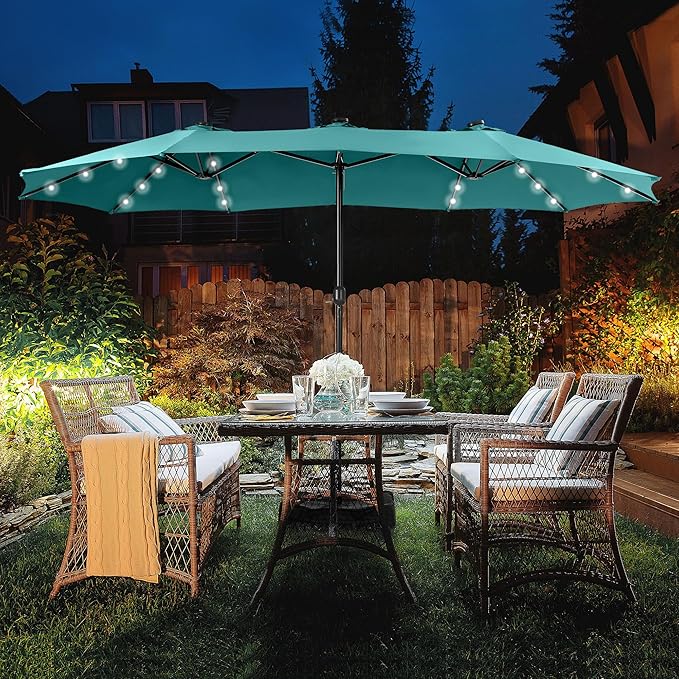 HERA'S PALACE 15ft Patio Umbrella with Base Included Double Sided Outdoor Umbrella for Patio Table Umbrella Outdoor 36 LED Solar Lights for Garden