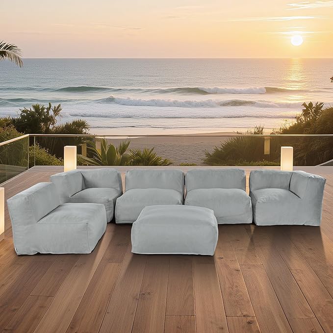 Patio Furniture Set, 6 Pcs Outdoor Conversation Set with Bean Bag Middle Chairs, Corner Chair, Ottomans, Modern Foam Couch Set for Garden, Deck, Balcony (6, Light Gray)
